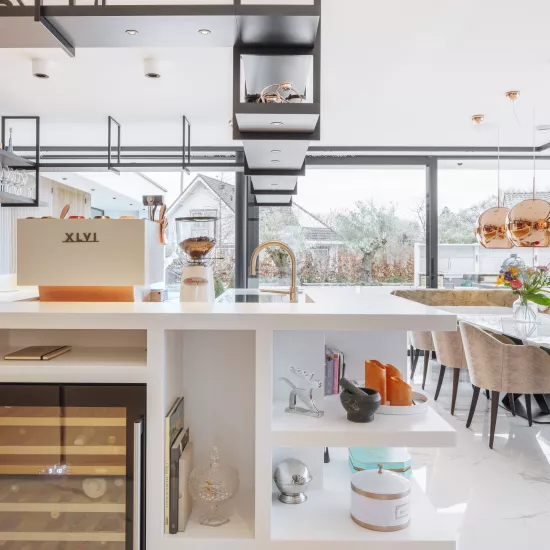 Contrasting finishes: HIMACS and copper shine brightly in this kitchen