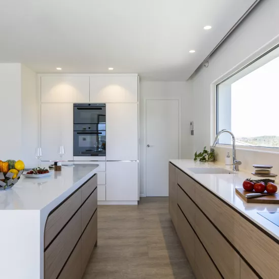 A contemporary, light-filled HIMACS kitchen with a mountain view