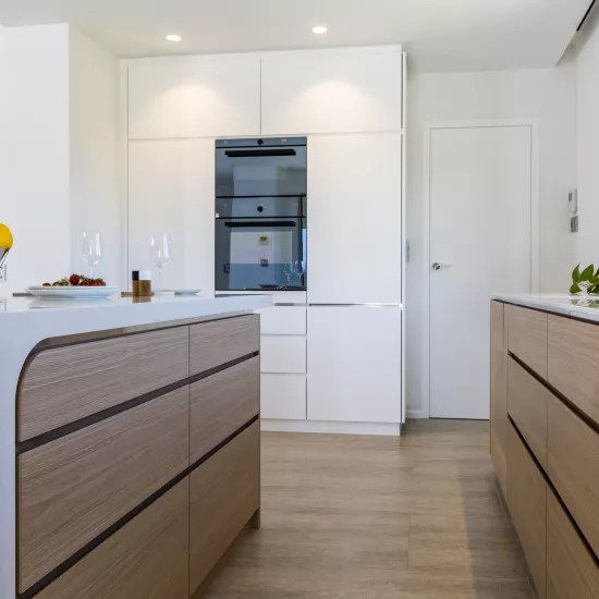 A contemporary, light-filled HIMACS kitchen with a mountain view