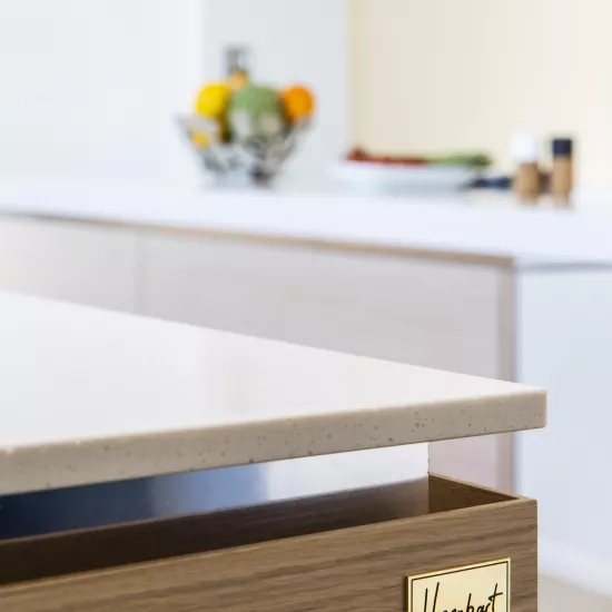 A contemporary, light-filled HIMACS kitchen with a mountain view