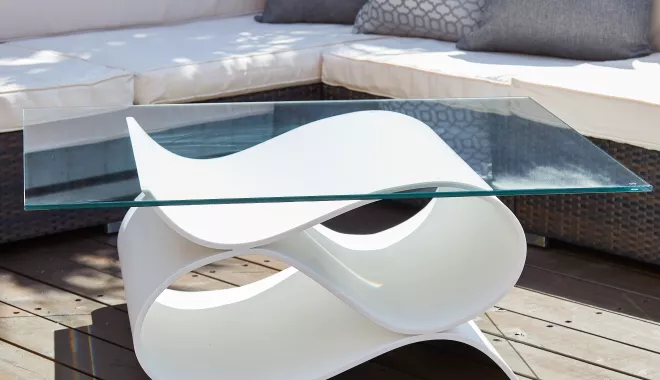 The Ripple Table, made with HIMACS Ultra-Thermoforming, featured at 100% Design