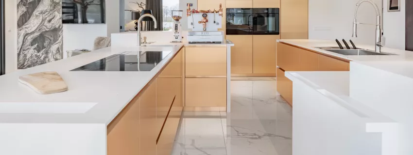 Contrasting finishes: HIMACS and copper shine brightly in this kitchen
