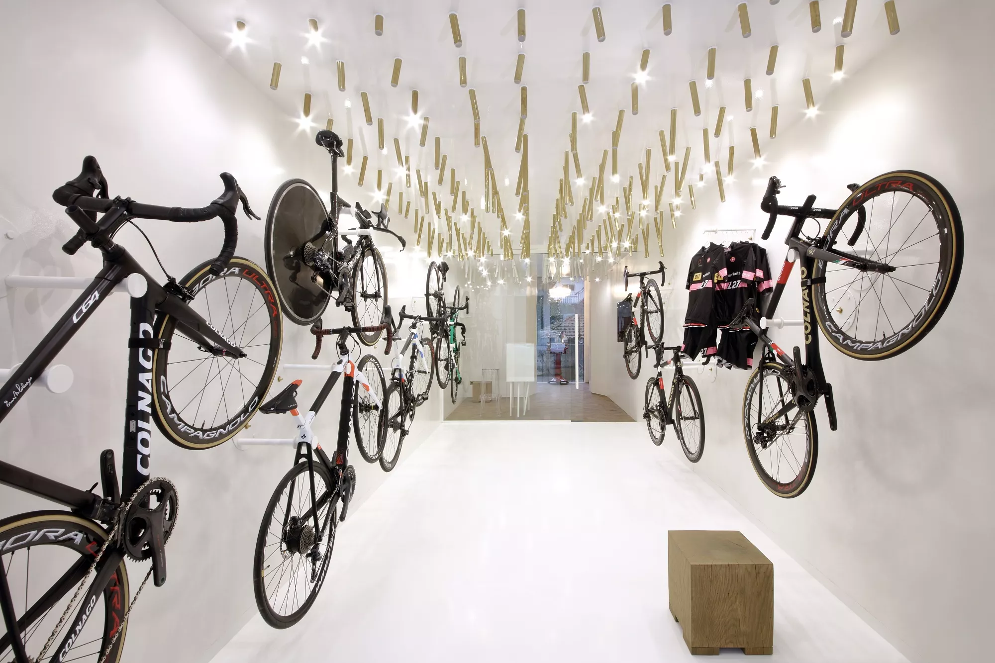 The interior of a bike coffee shop featuring HIMACS LX Hausys Europe