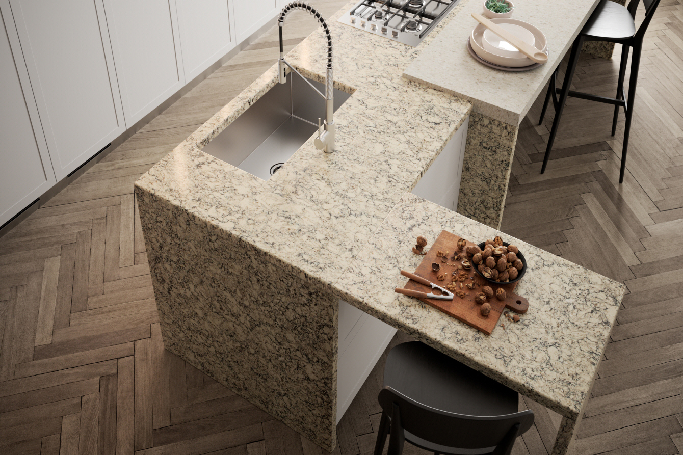LX Hausys VIATERA - Neutral island colors create a spacious, bright feel, seamlessly blending with your kitchen decor.