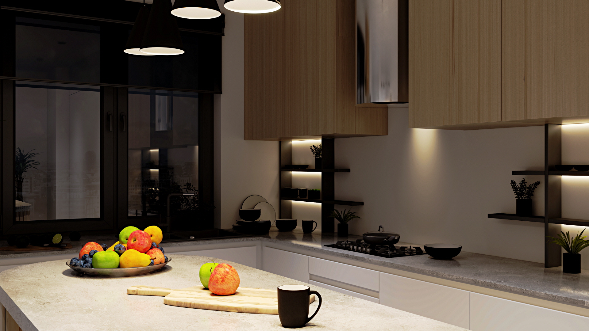 Pendant lights or LED strips add functionality and ambiance to your kitchen island, ideal for small spaces.