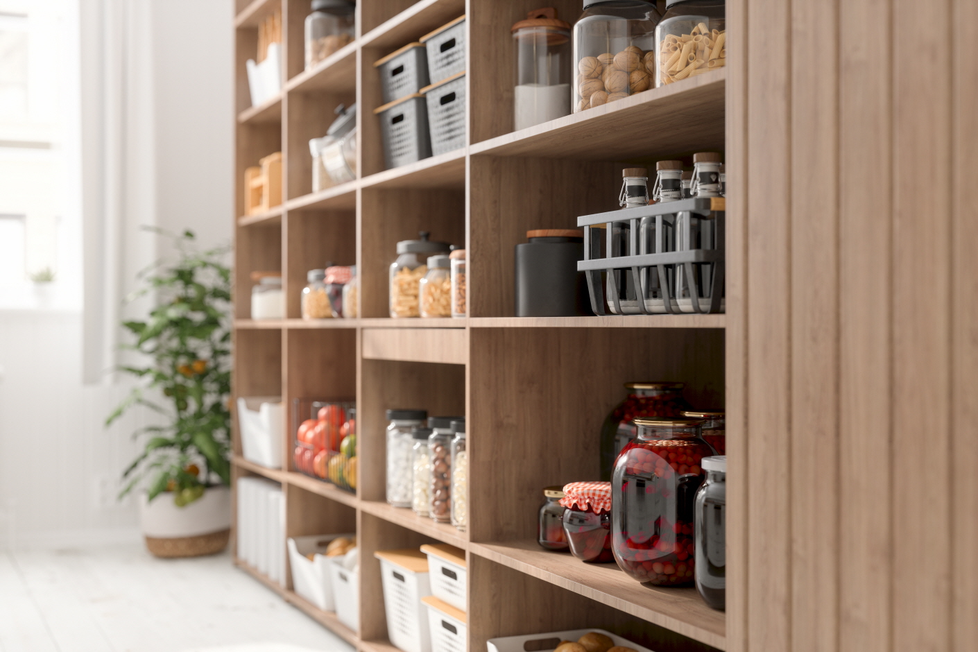 In small kitchens, use open shelves and glass jars for storage and decor.