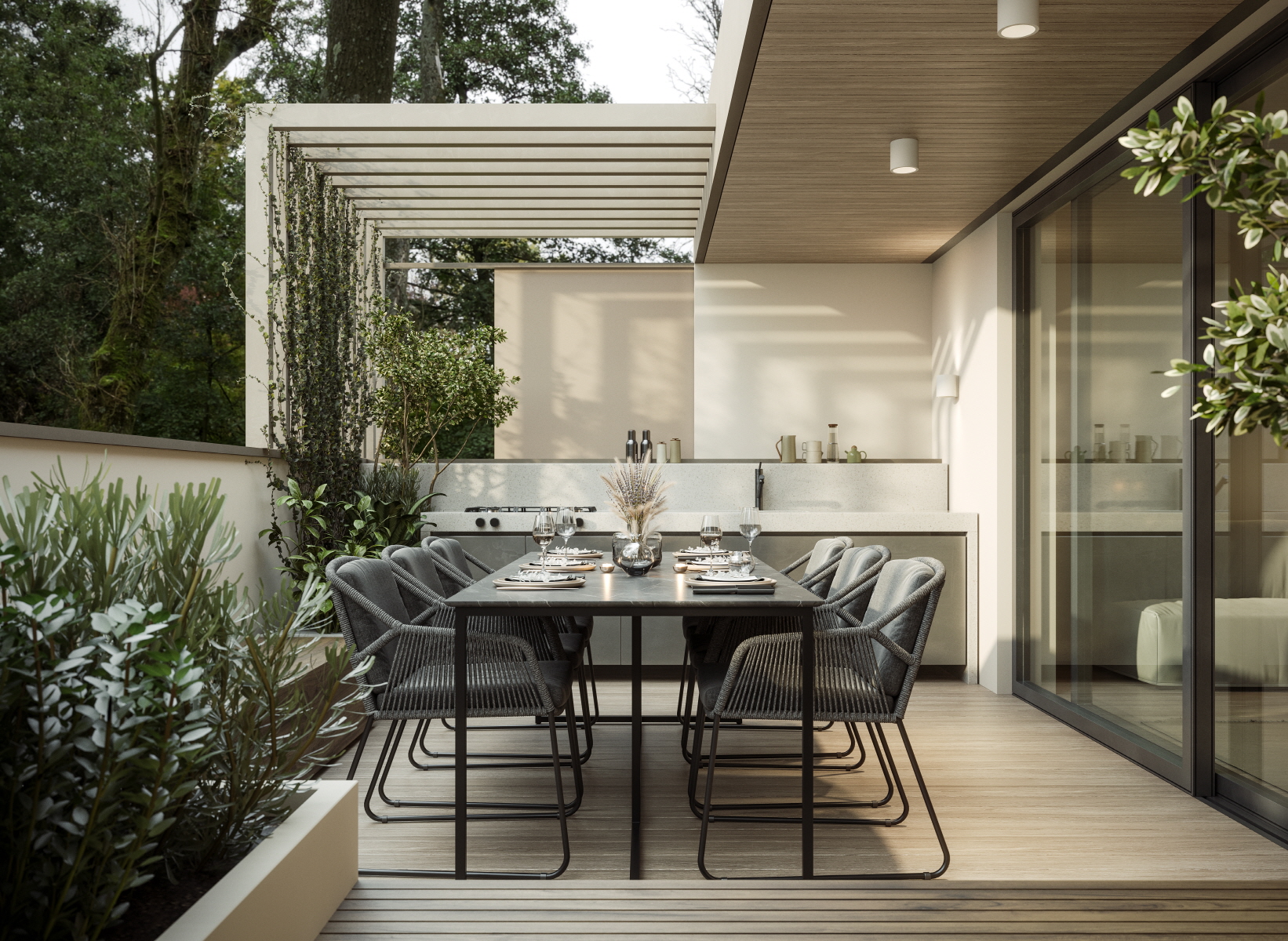The U-shaped layout is suitable for outdoor entertaining, allowing lively interaction between the chef and guests.
