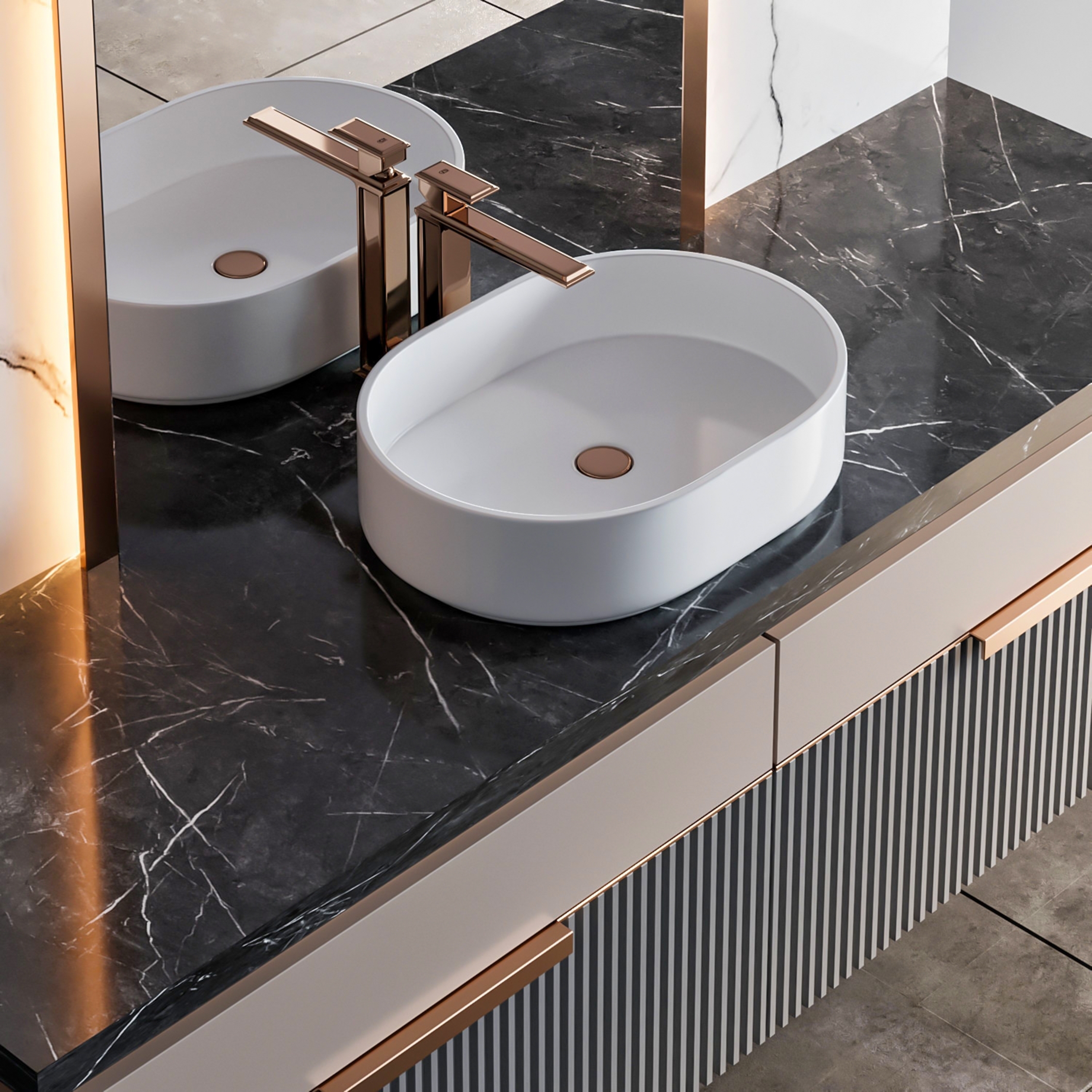 A glossy vanity top can add reflection and light to the space, creating a sense of depth in the bathroom.