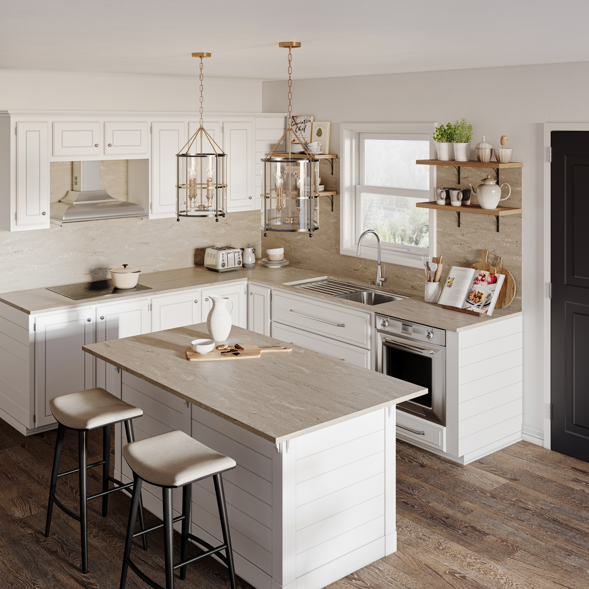 Incorporating beige shelves and cabinets in a white kitchen can introduce warm tones.