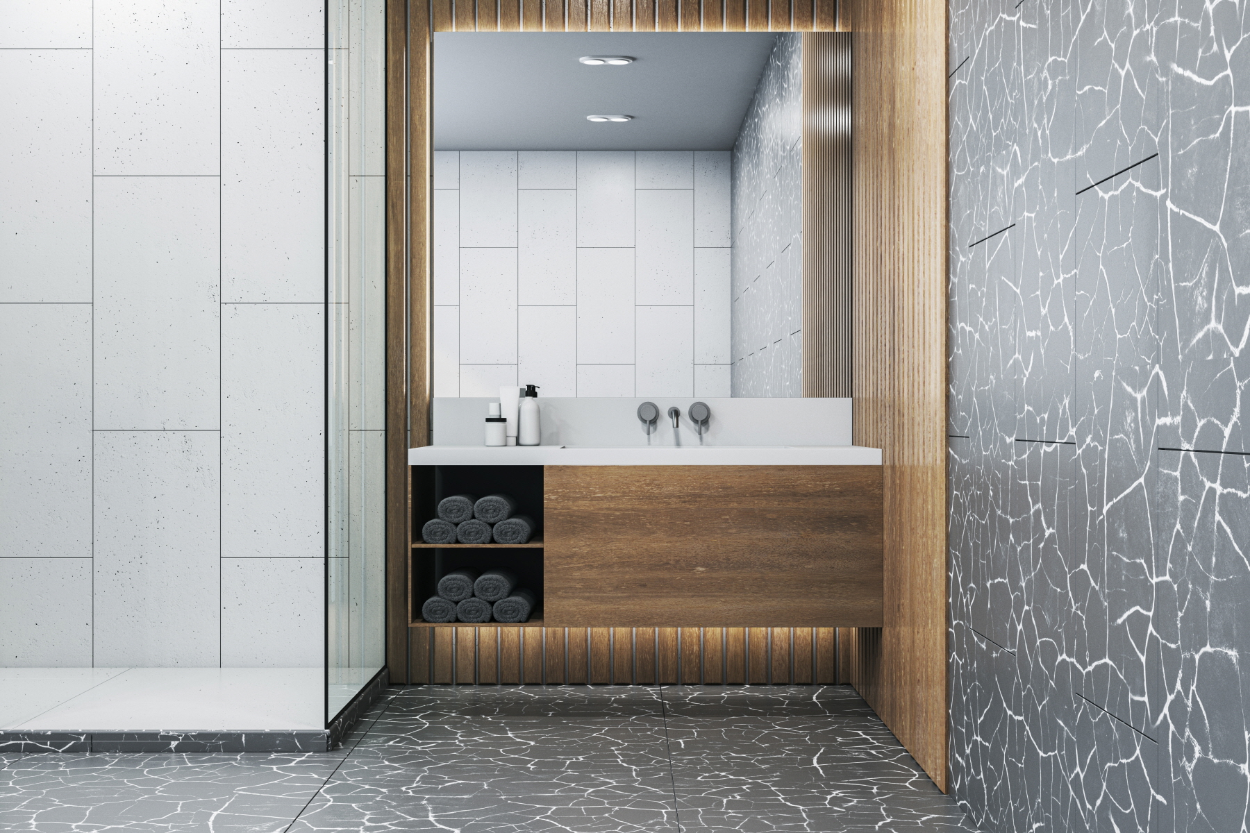 Experiment with creative bathroom design by incorporating uniquely patterned floor tiles.