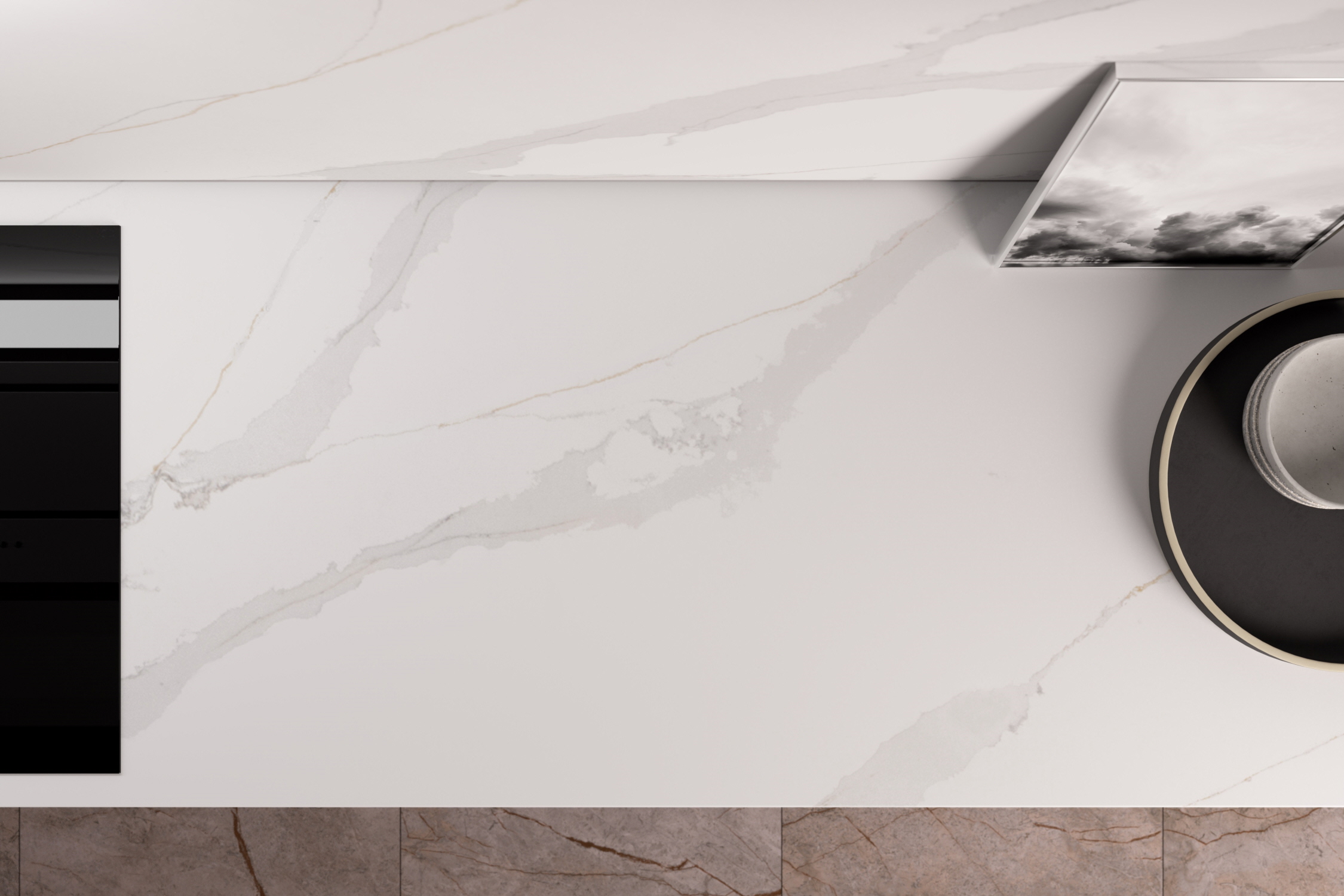 The LX Hausys VIATERA engineered quartz countertop surface is smooth, glossy, and available in a variety of color patterns.