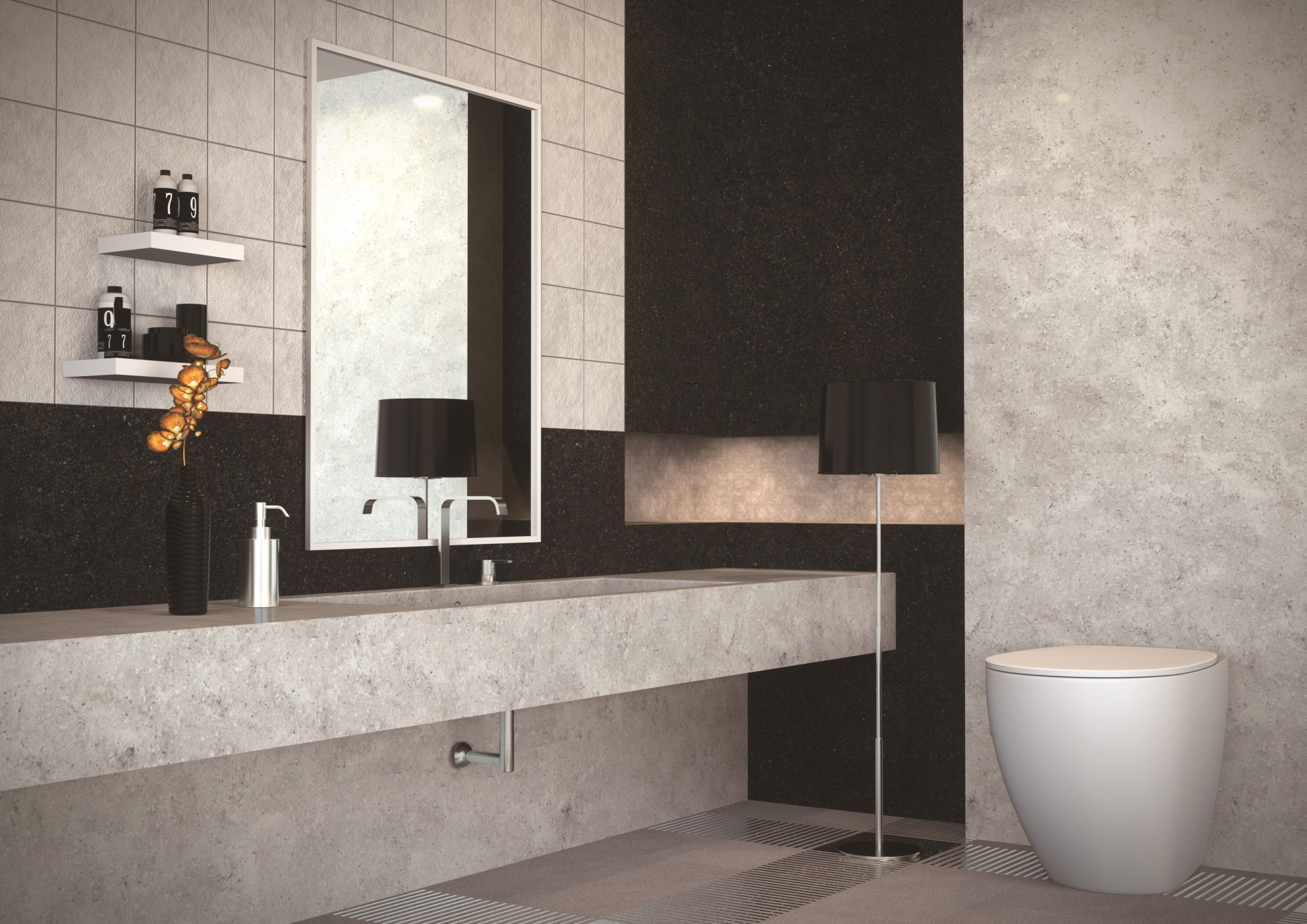 Evoke a luxurious ambiance by playing with the contrast between black and white in your bathroom design.