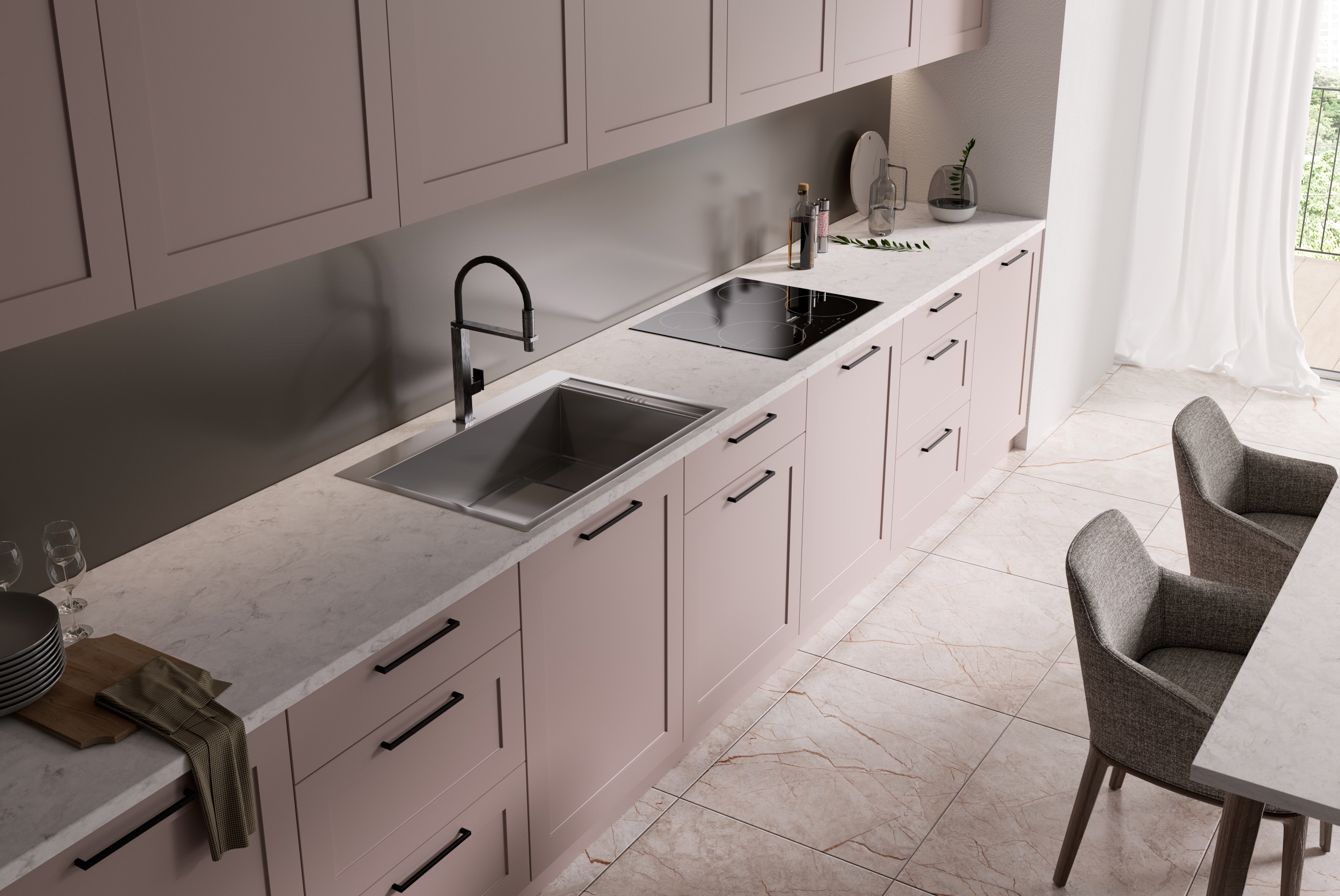 Large floor tiles make the kitchen look more open, lending a sense of luxury.