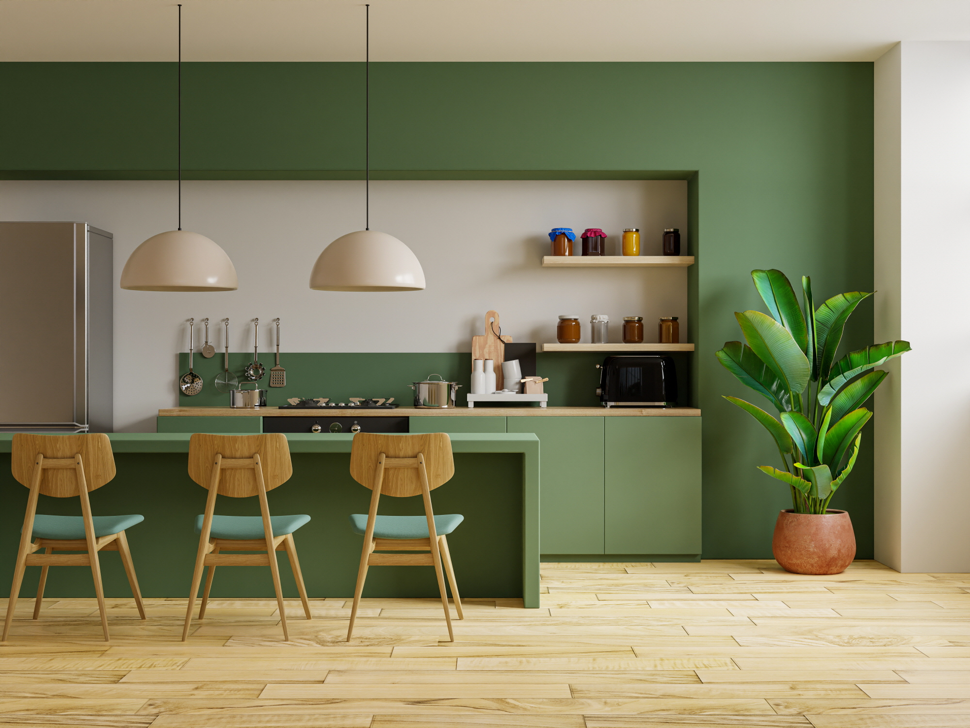 Bright green accents evoke feelings of nature and vibrancy, making it perfect for a lively kitchen.