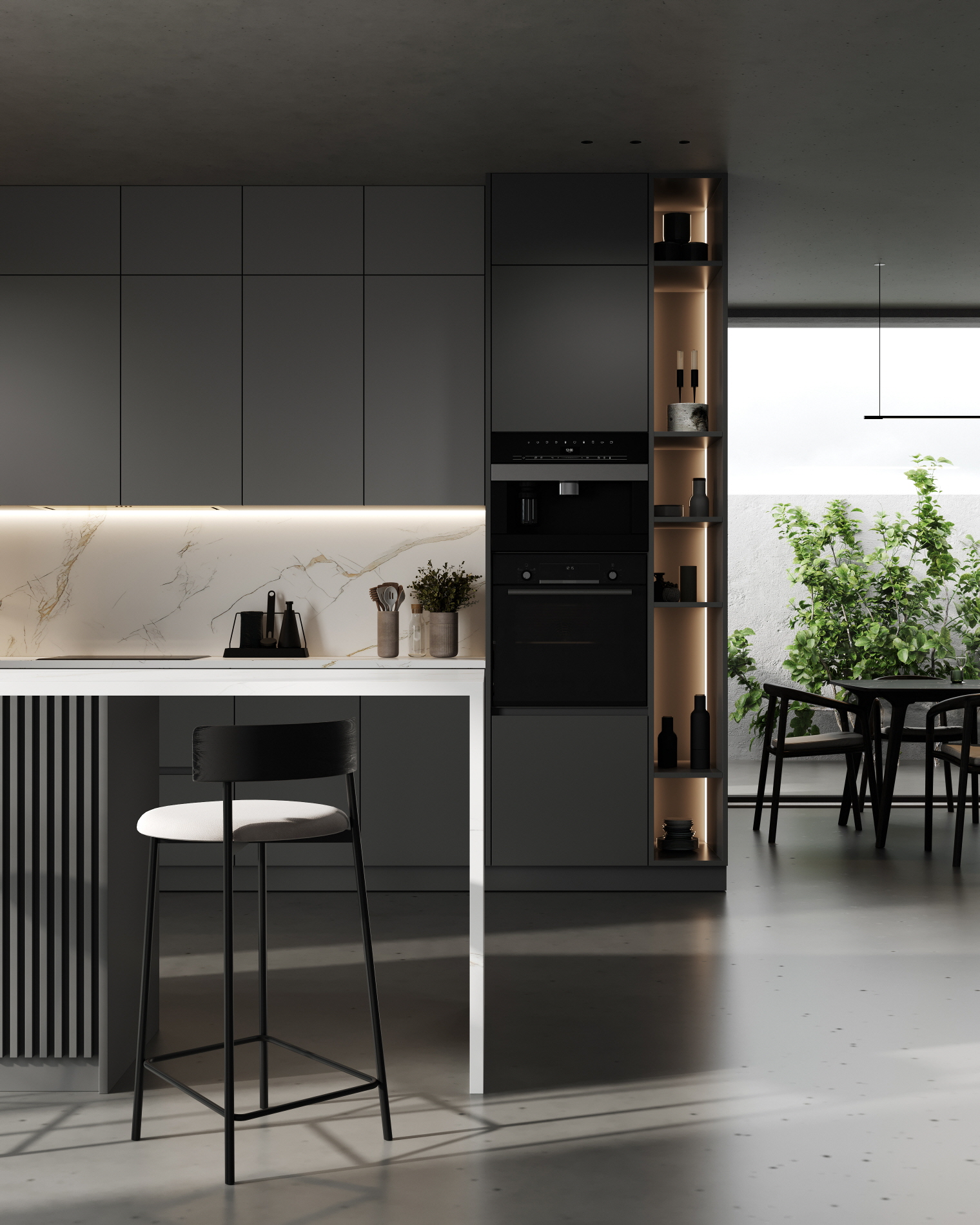 An all-black kitchen design is not only practical because it hides stains, but it also creates a chic and classy look.