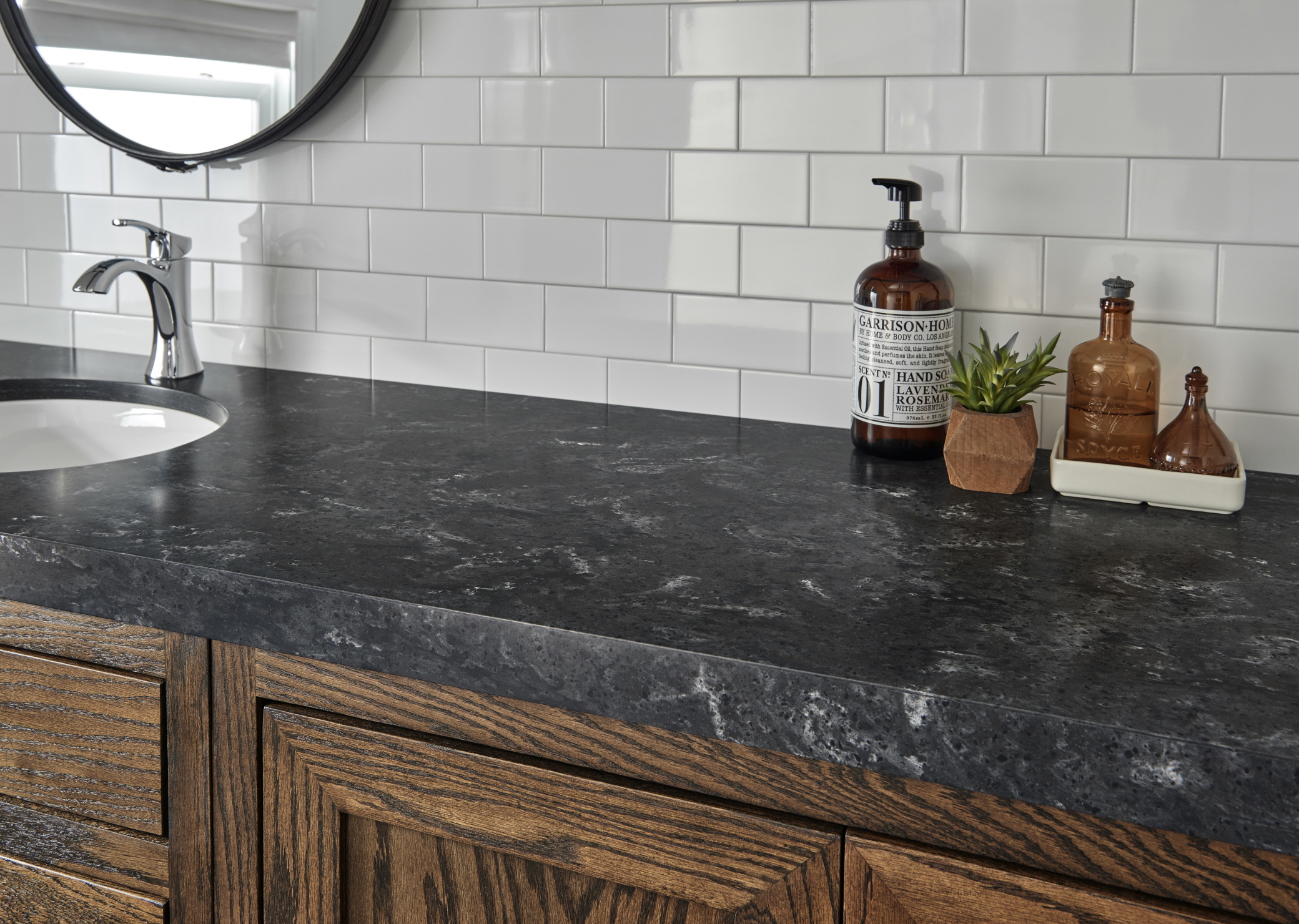 Vanity tops and backsplashes add a sophisticated finishing touch to a bathroom.