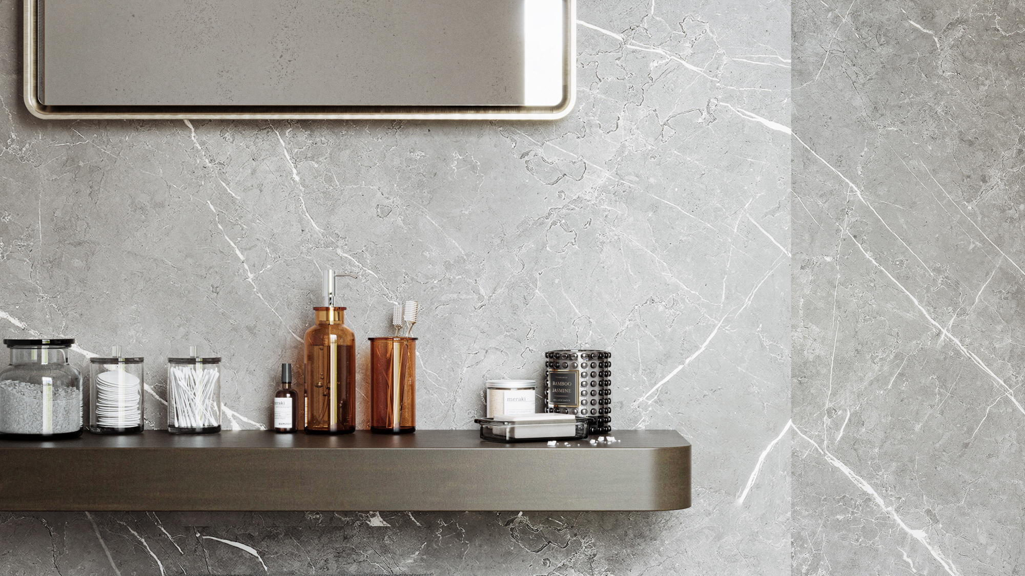 Make the most of the wall space in your bathroom with floating shelves.