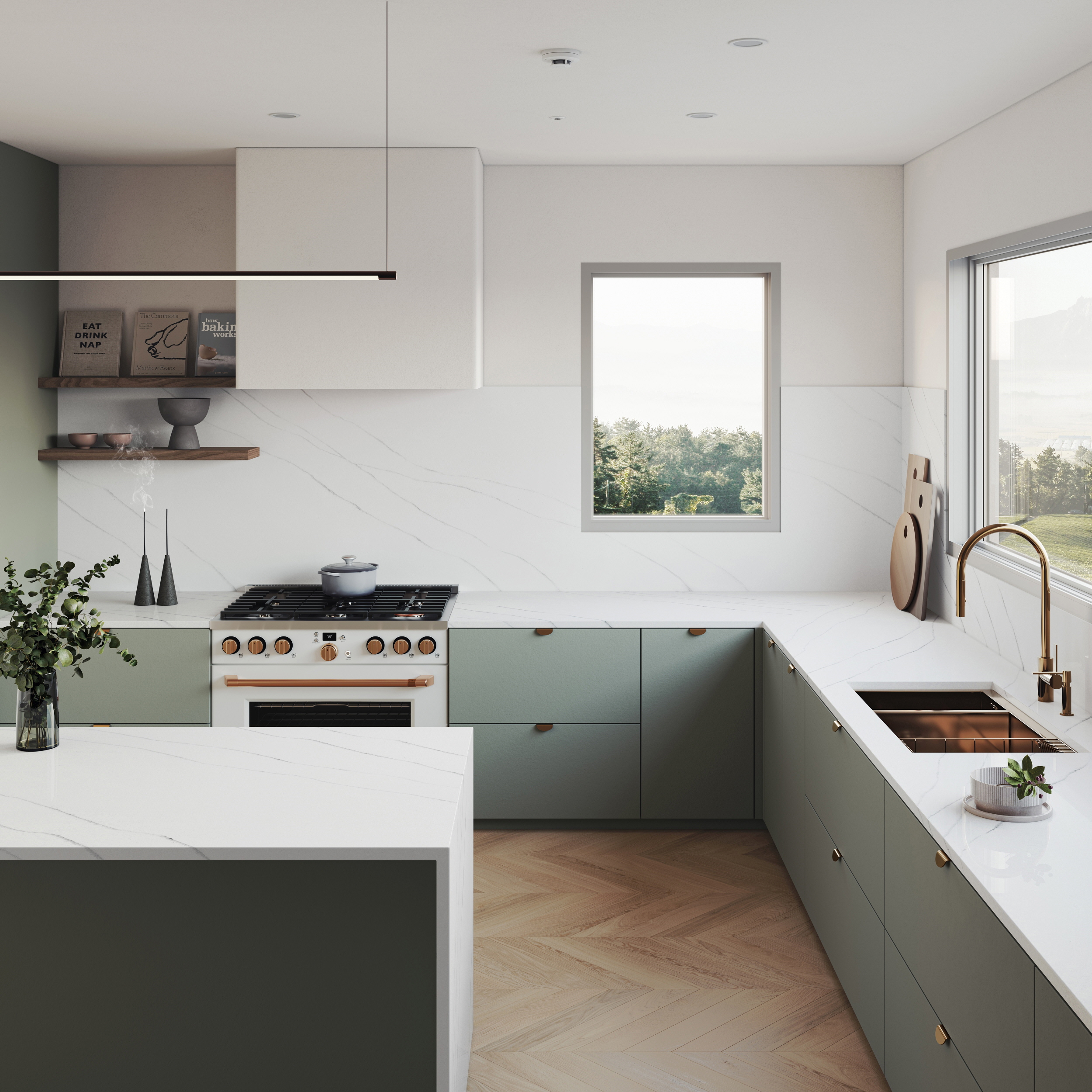 In an L-shaped kitchen, it's important to balance the placement of windows to maximize natural light and ensure ample space.