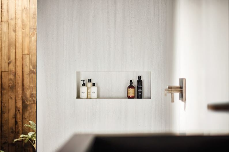 Consider using open shelving to showcase attractive display items to organize your bathroom space effectively.