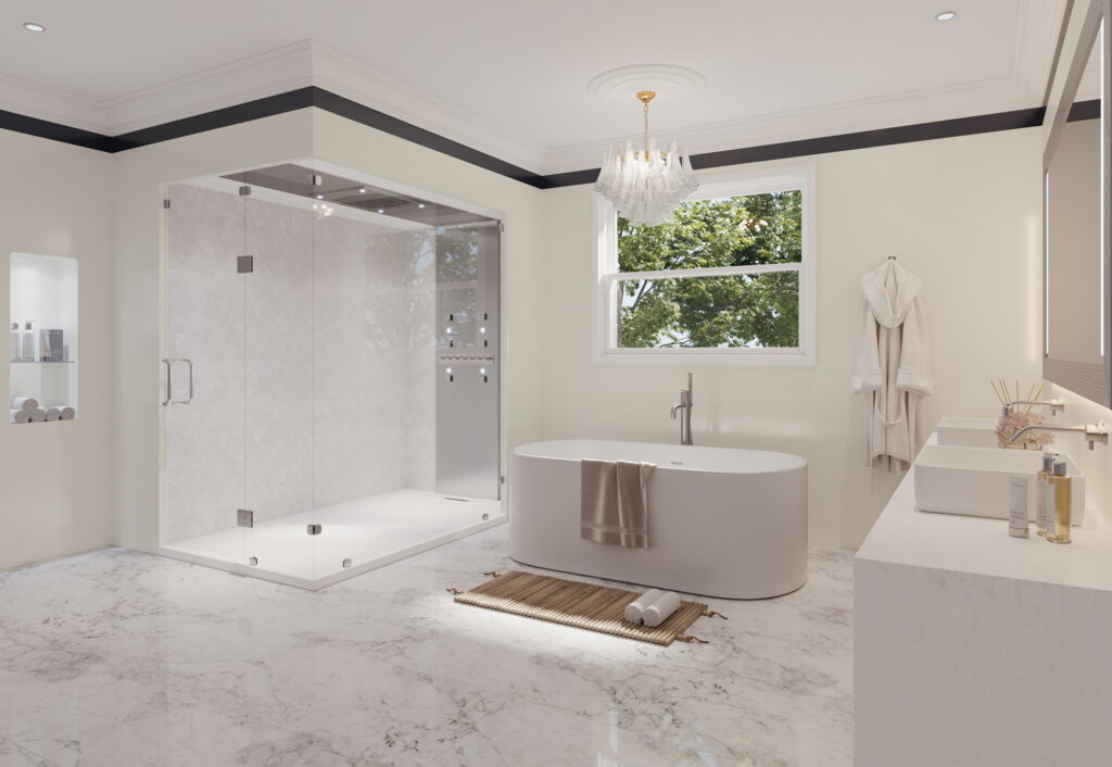 Clean quality of crisp white tiles maximize the sense of space and light, creating a refreshing atmosphere.  