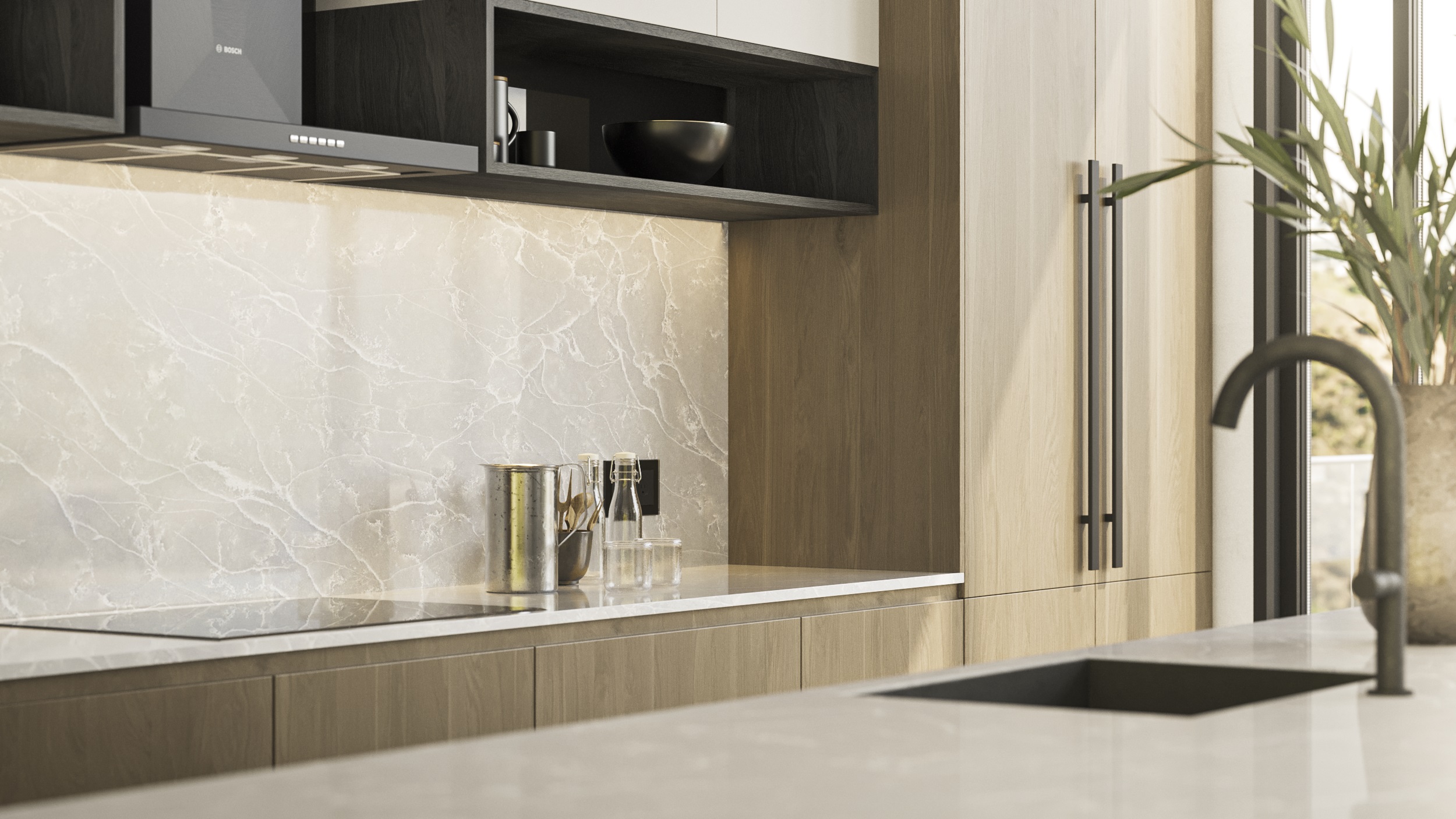  A stylish quartz backsplash adds sophistication to your kitchen space.