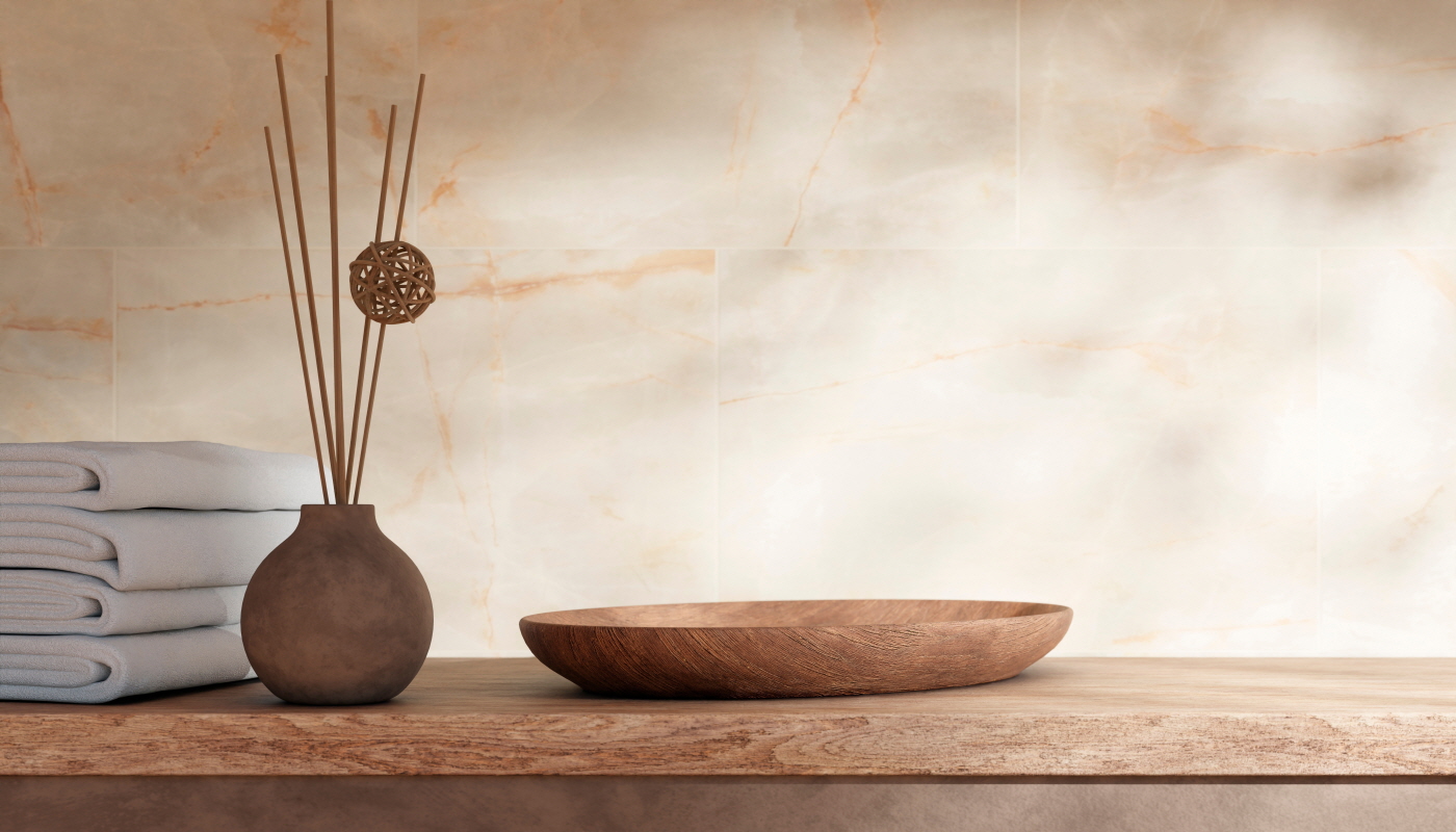 A bathroom with earthy tones harmonizes beautifully with wood surfaces.