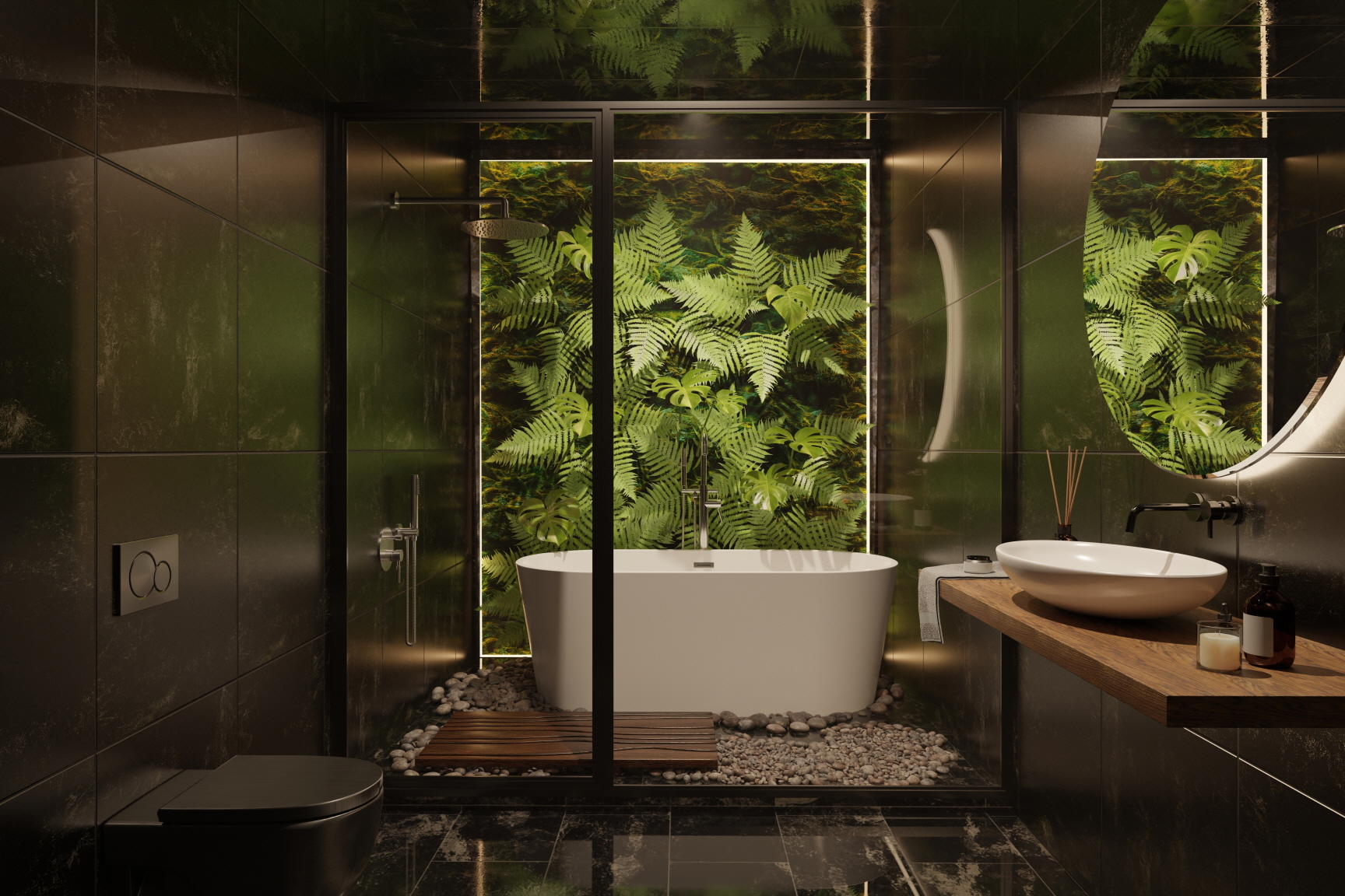 Transform your bathroom into a jungle adventure with wallpaper adorned with lush plants.