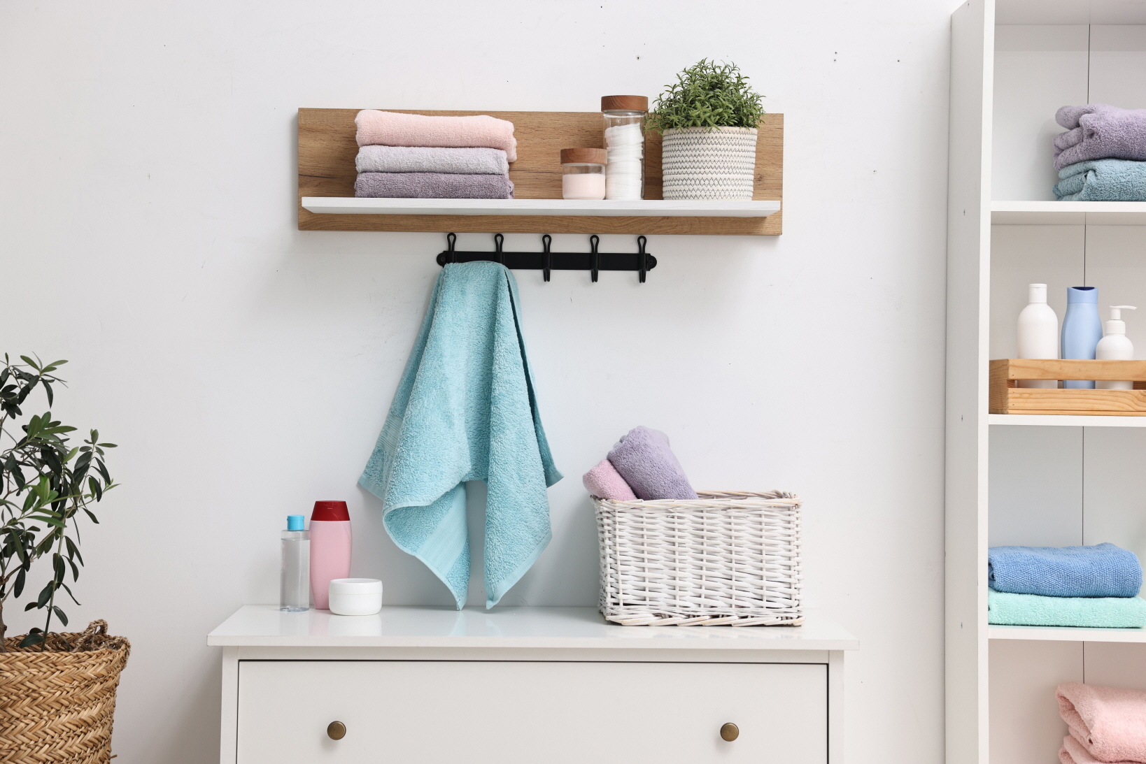 Create an airy bathroom vibe with open shelving.