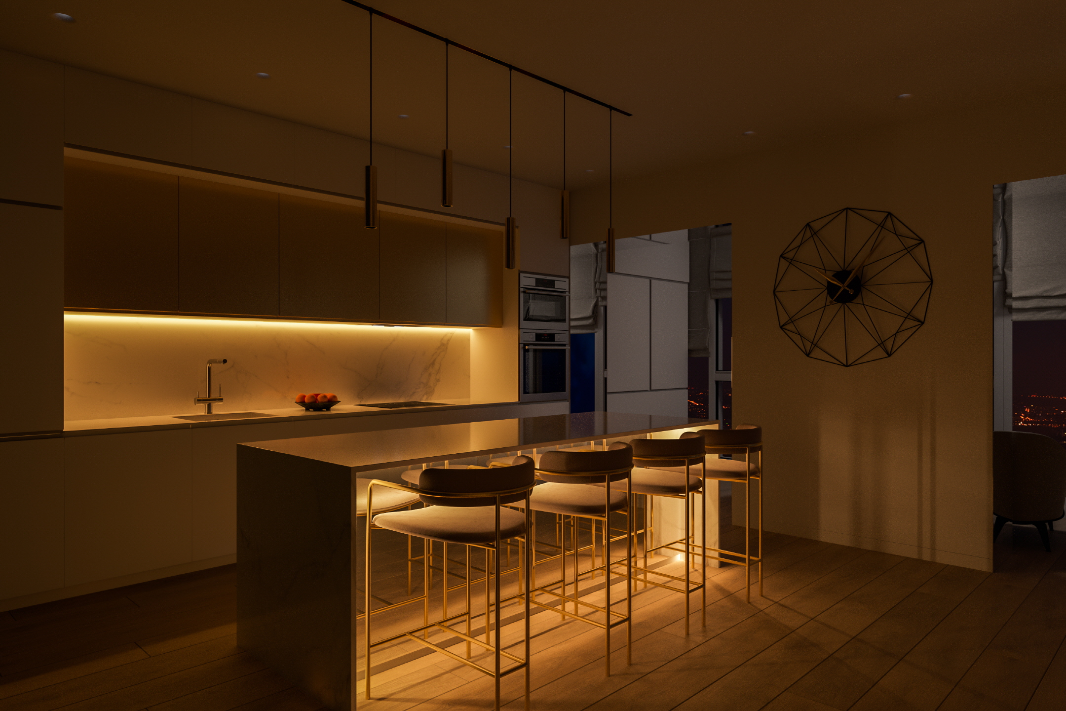 You can add soft lighting by installing lights beneath your kitchen counter or bar.