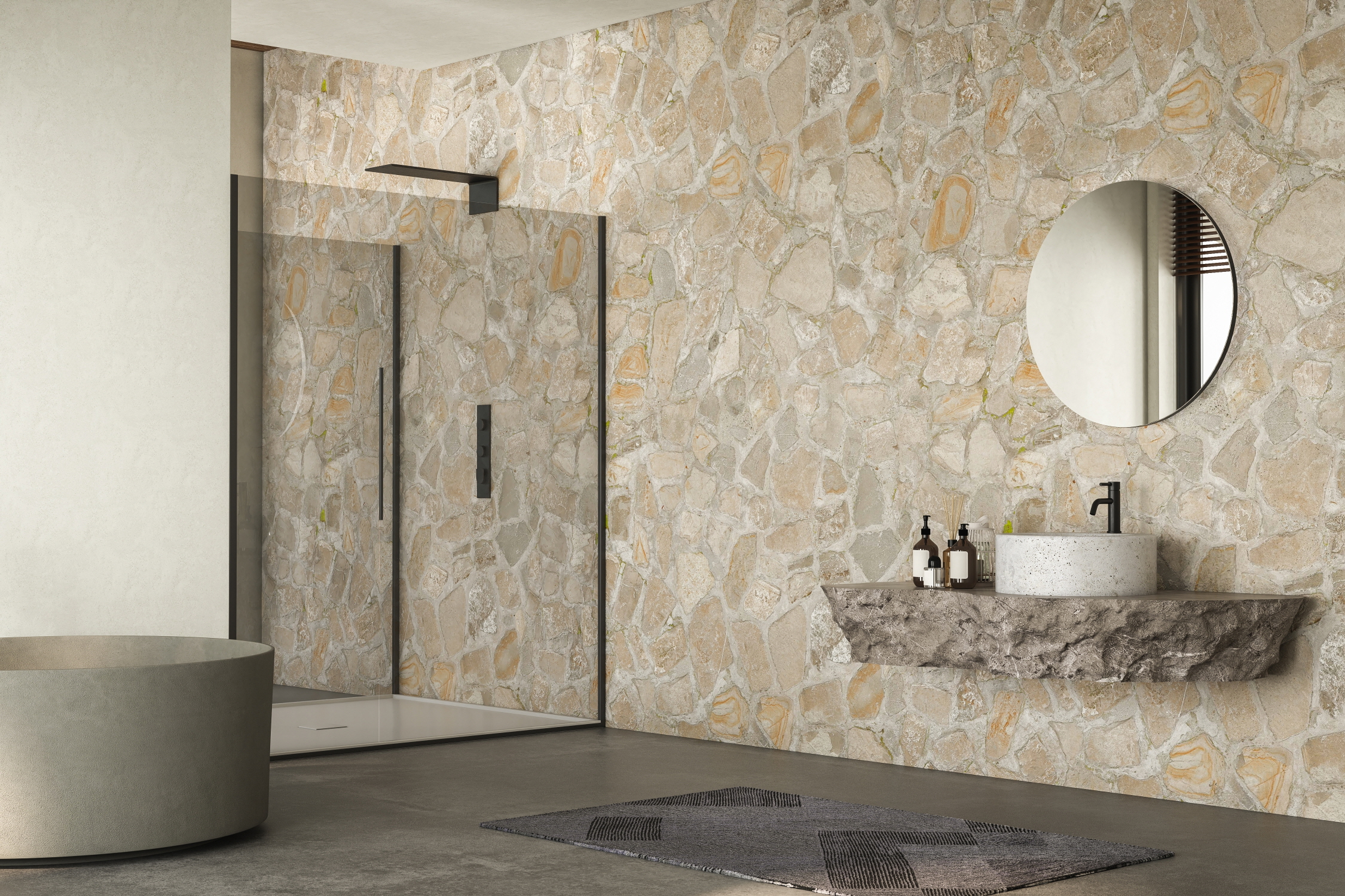 Stone finish walls allow you to integrate outdoor elements into your bathroom.