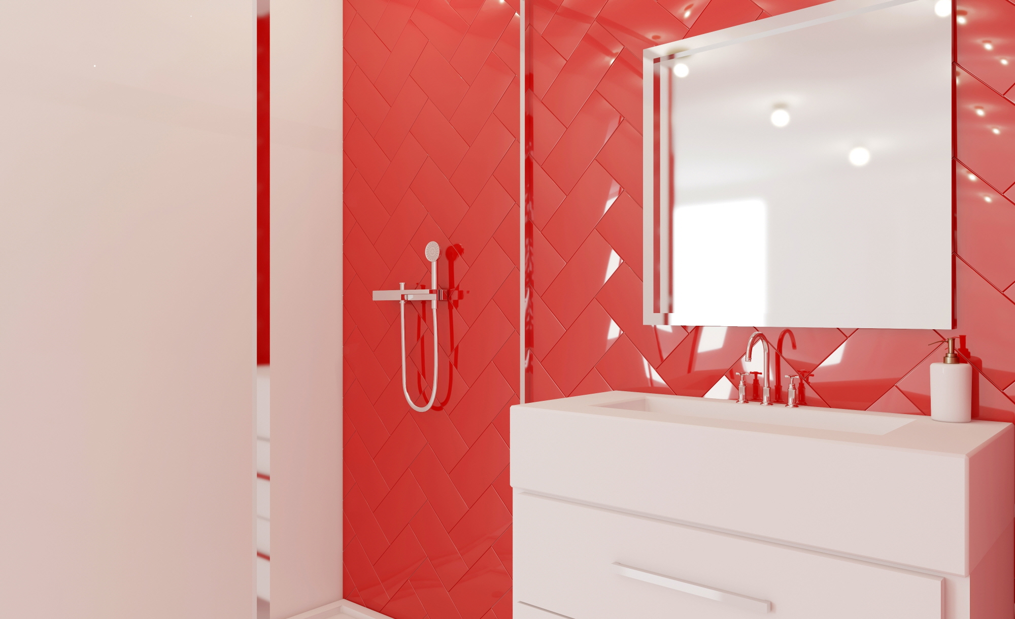 Rich red adds a bold touch to your bathroom design, exuding a luxurious vibe.