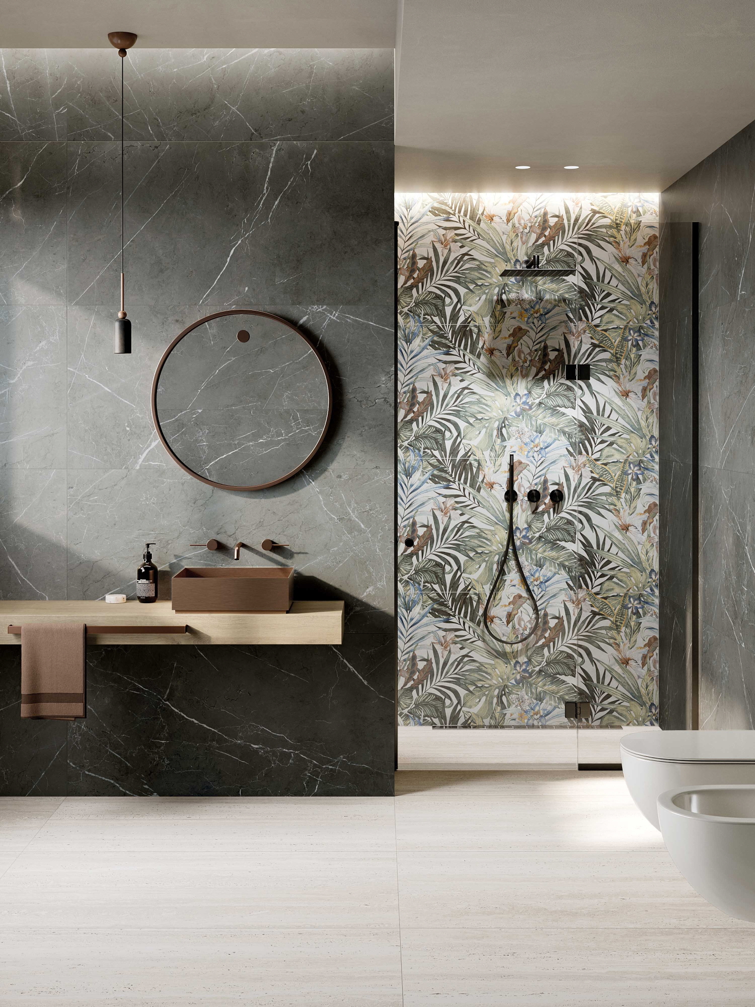 Wallpaper featuring nature can transform your bathroom into a cozy forest retreat.