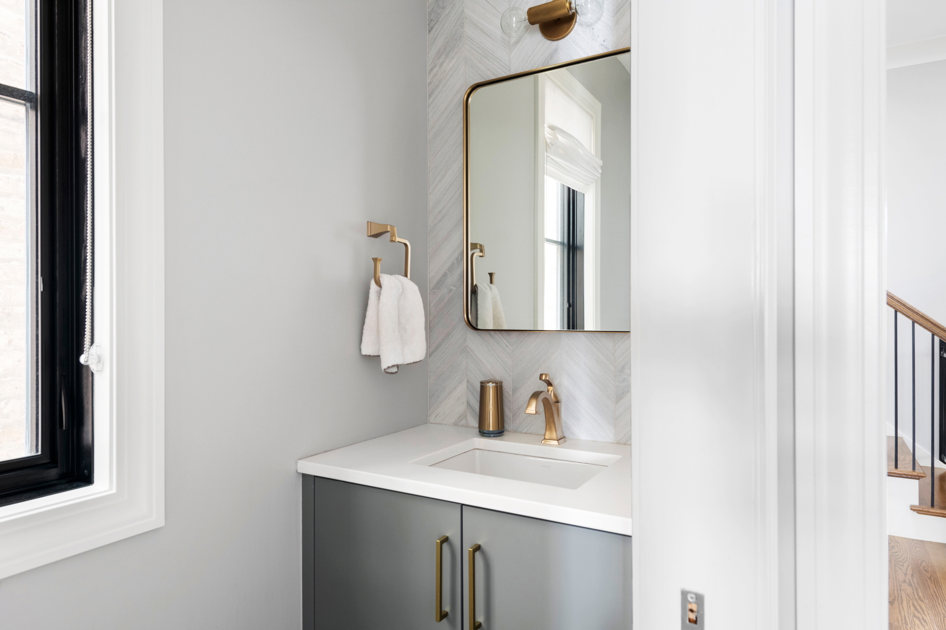 As the first stop in your morning routine, the sink should be conveniently located near the bathroom entrance.