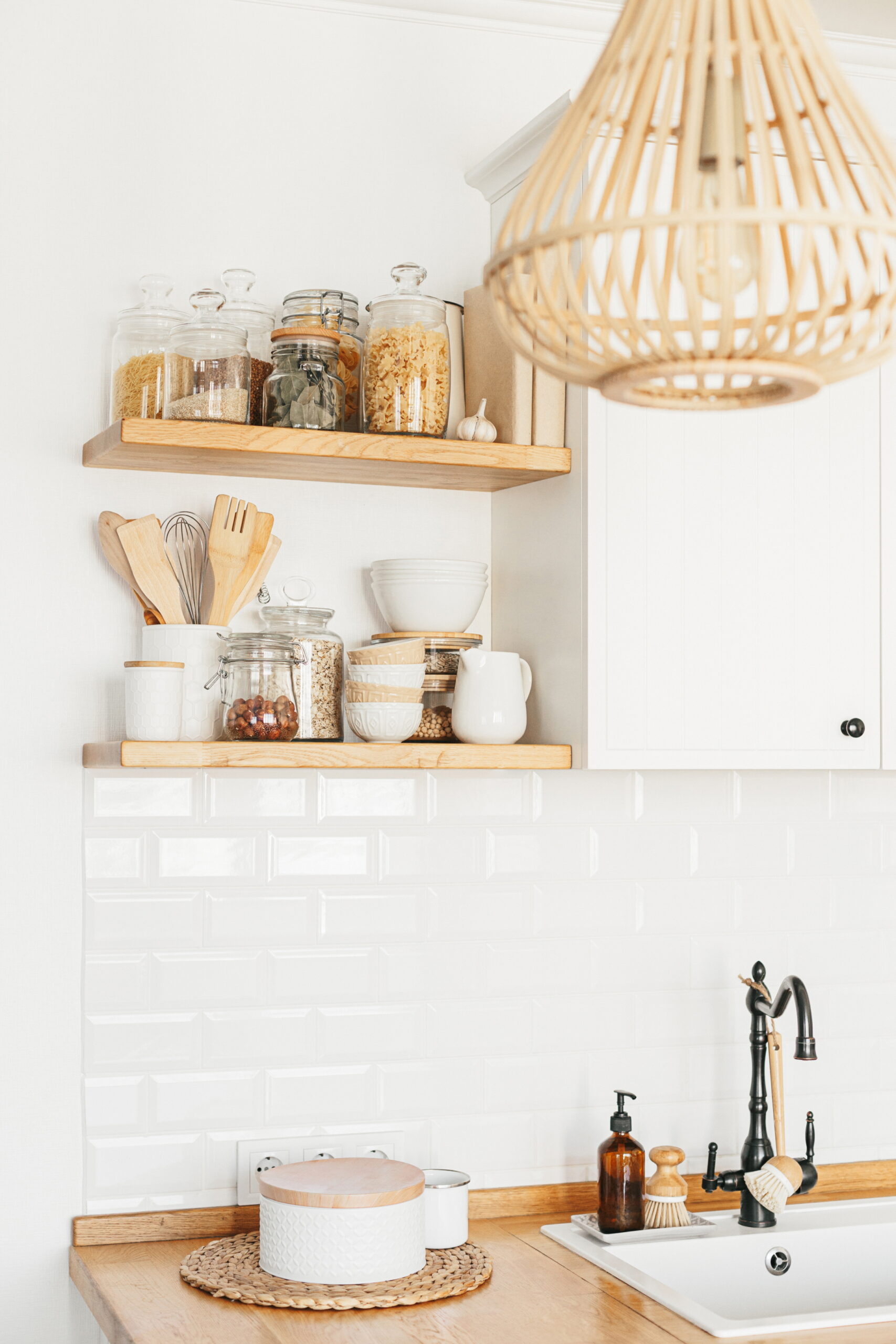 Enhance accessibility to your kitchen essentials with open shelving.