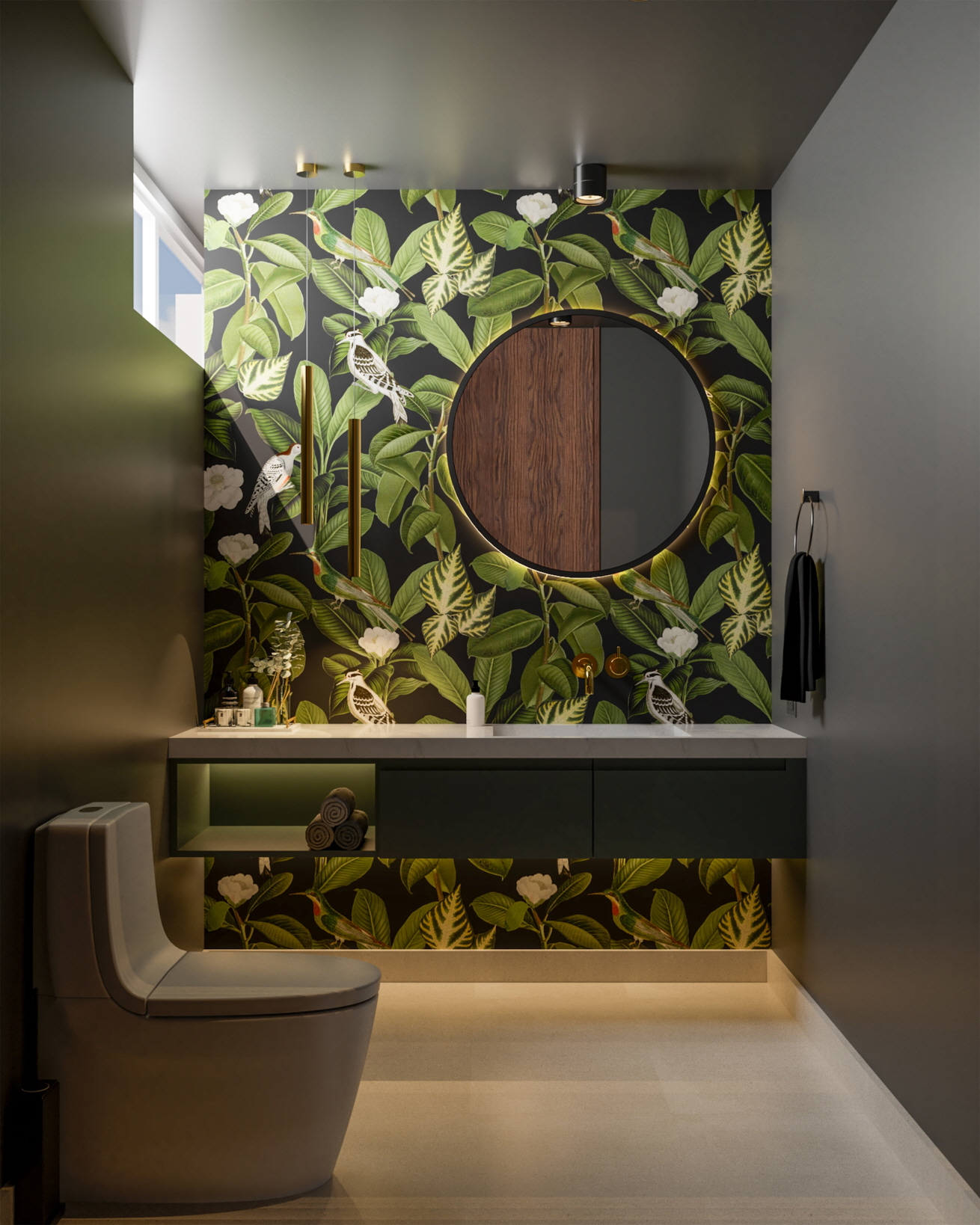 Lush botanical wallpaper will enhance your bathroom with a touch of natural beauty.