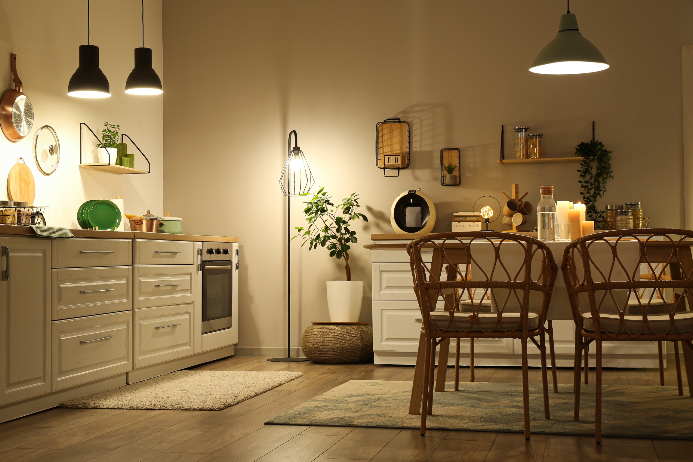 Warm white lighting creates a cozy atmosphere in the kitchen.