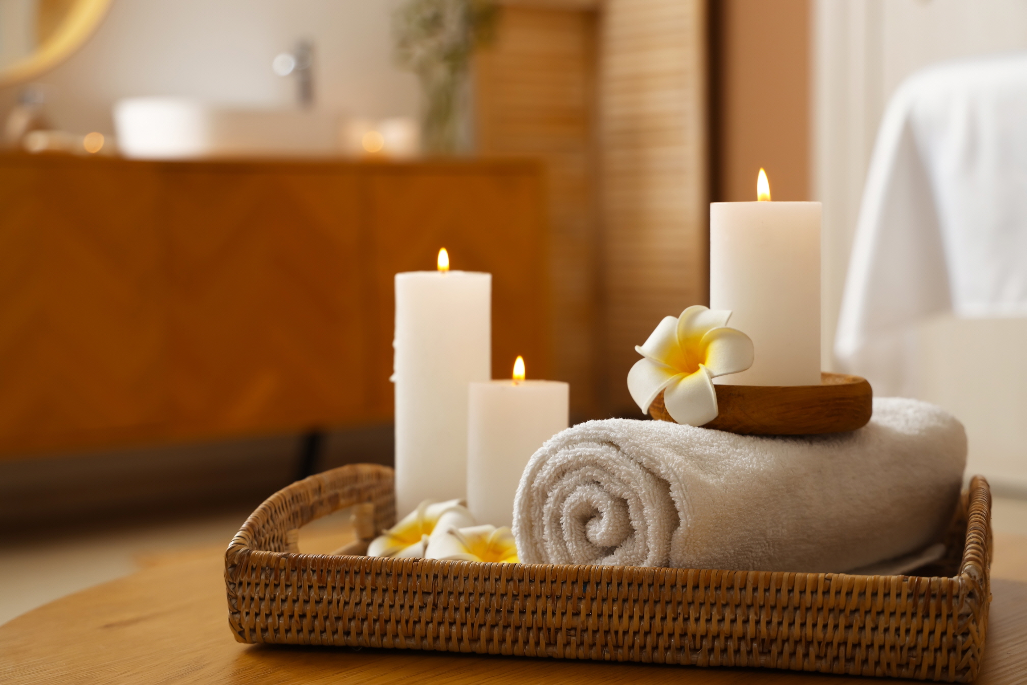 Placing scented candles in the guest bathroom can create a calming atmosphere.